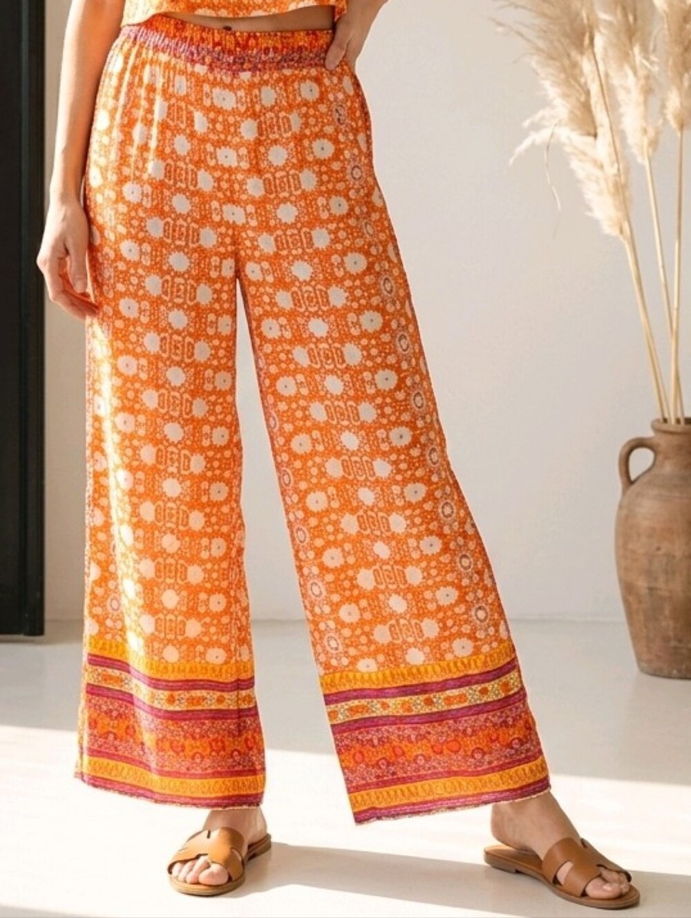 🤑Premise Palazzo Orange/White Boho Print Elastic-Waist Pants